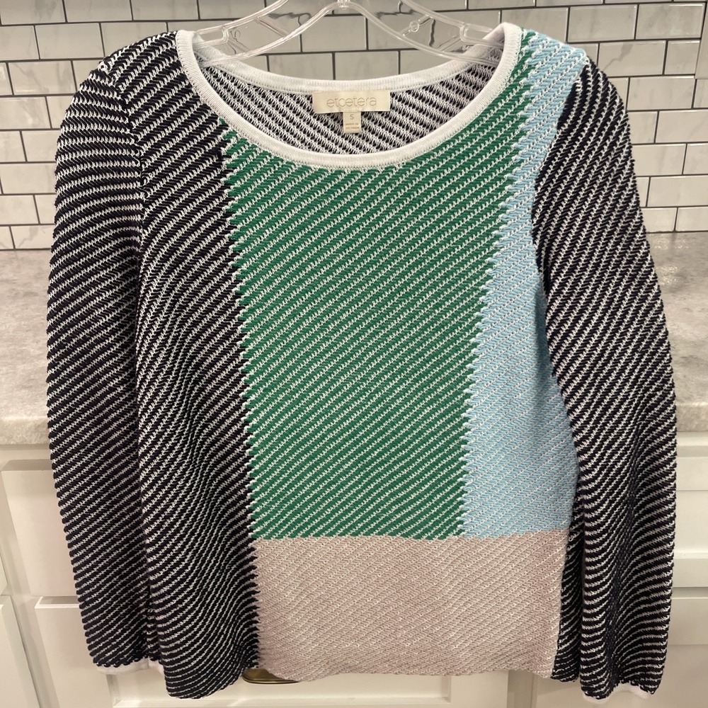 Etcetera Sweater Womens Small Ribbed Patchwork Sweater Blue Boho Spring